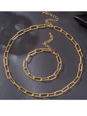 Gold Link Chain Necklace and Bracelet Set